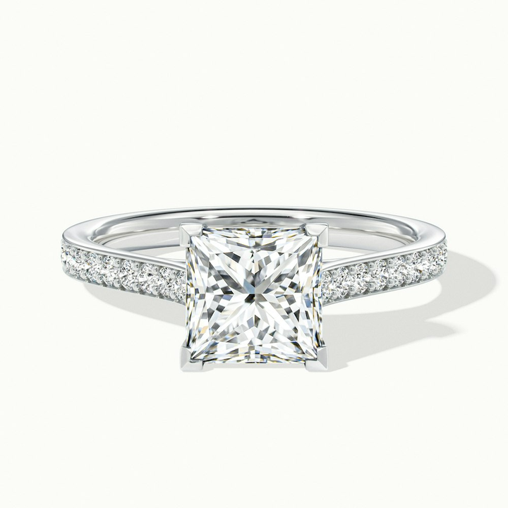 Pearl 3 Carat Princess Cut Solitaire Pave Lab Grown Diamond Ring in 10k White Gold