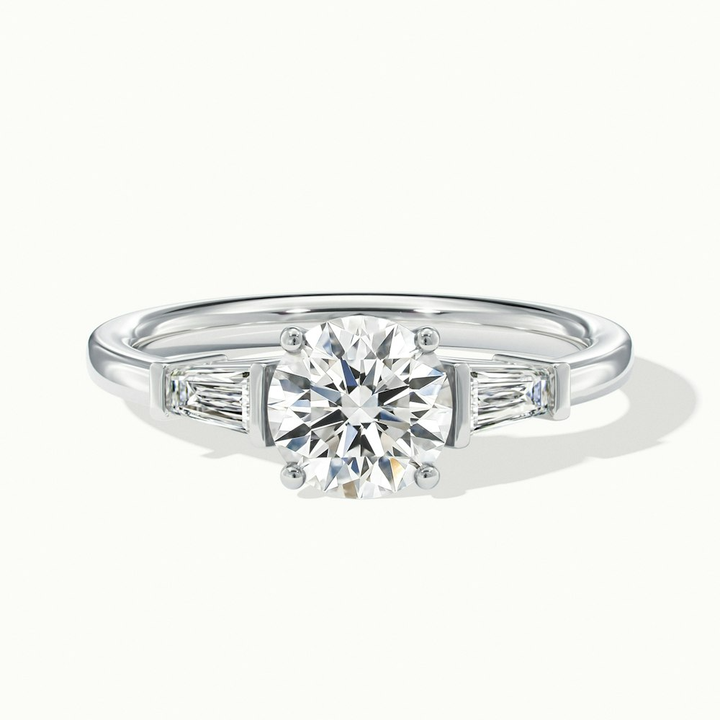 Carly 5 Carat Round 3 Stone Lab Grown Engagement Ring With Side Baguette Diamonds in 18k White Gold