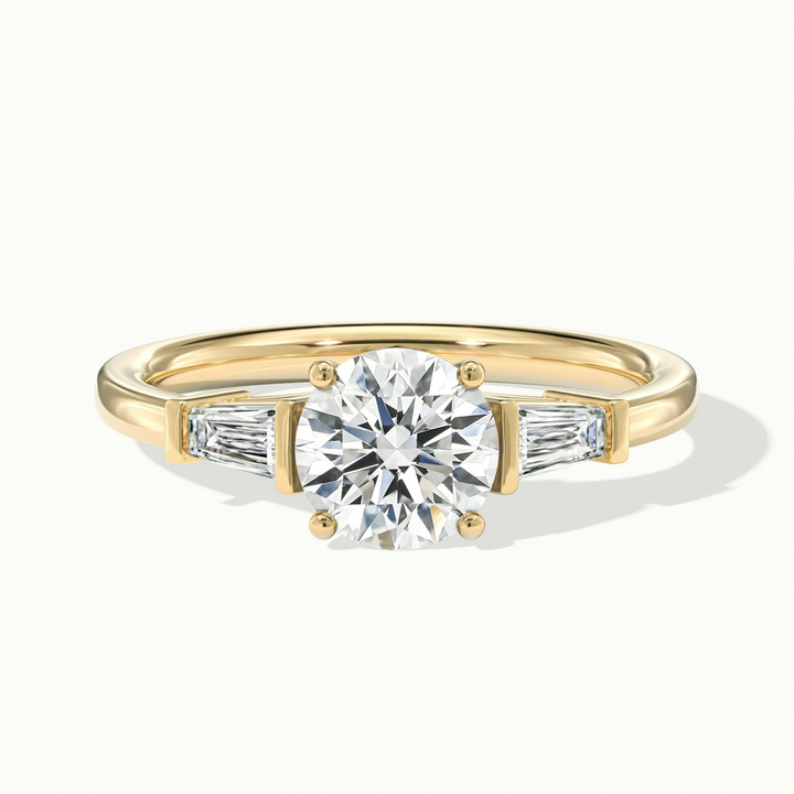 Hope 3 Carat Round 3 Stone Moissanite Diamond Ring With Side Baguette Diamonds in 10k Yellow Gold