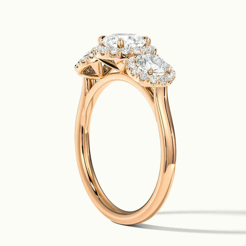 Flora 5 Carat Three Stone Round Halo Lab Grown Diamond Ring in 18k Rose Gold