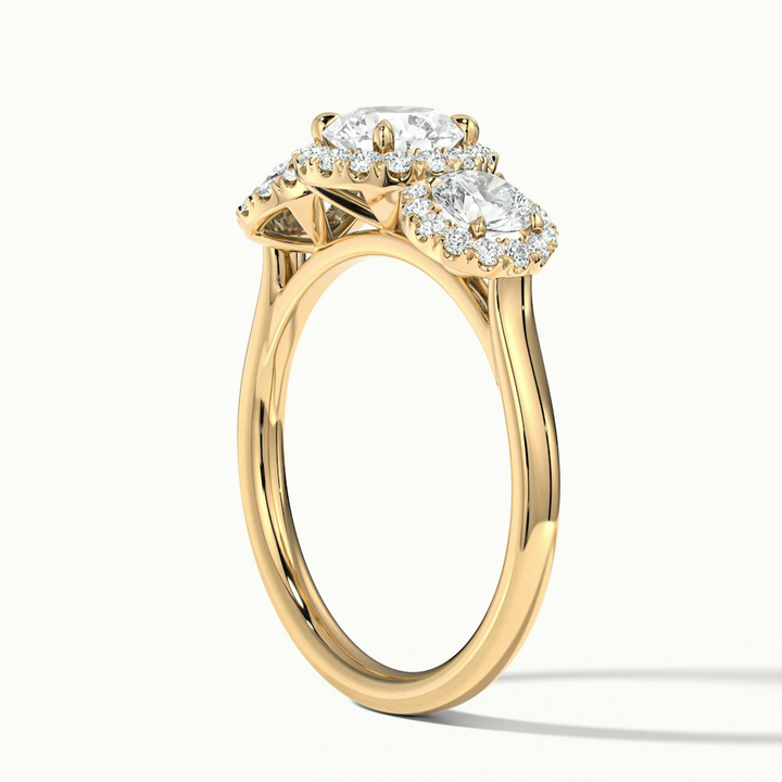 Flora 1.5 Carat Three Stone Round Halo Lab Grown Diamond Ring in 10k Yellow Gold